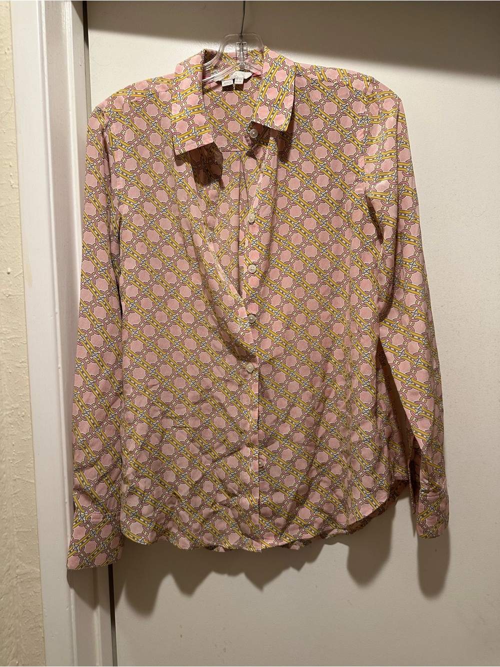 Boden Pink & Yellow Chain-Link Print Button-Down Shirt 100% Silk